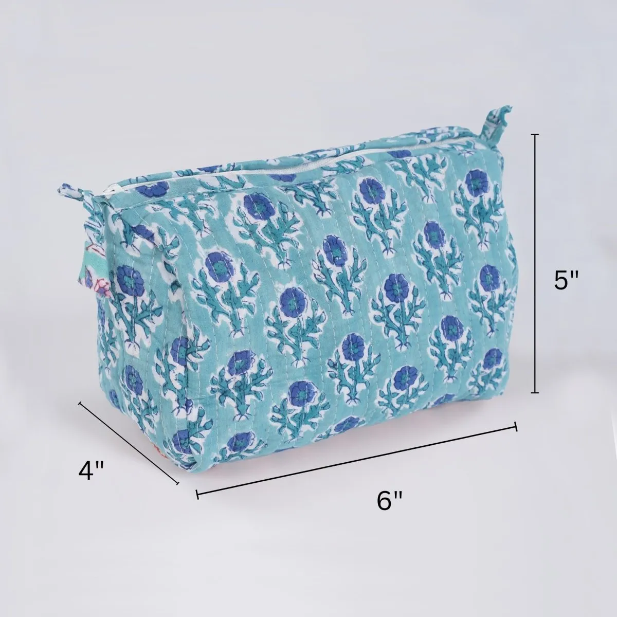 Quilted Makeup Pouch/Utility Pouch Set of 2 - Handprinted in Blue Floral Pattern | Portable Toiletry Bag for Travel